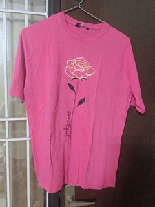 Pink Rose Embroidered T-Shirt