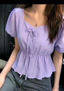 Lavender Puff Sleeve Tie-Front Top