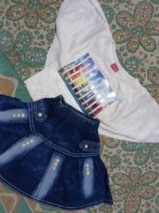 Cute Denim Skirt & White Top Set