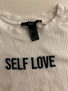 White Ribbed Cropped T-Shirt 'SELF LOVE'