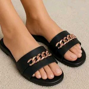 Black Chain Detail woman slip on flats/sandal