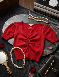 Chic Red Gathered Neckline Top