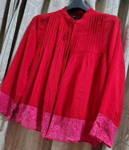 Red Pleated Blouse with Lace Hem