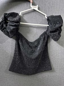 Elegant Dark Grey Sequin Puff Sleeve Top