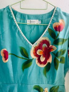 Teal Blue Handpainted Floral Anarkali pant set