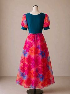 Women's Floral Print Midi Dress with Puff Sleeves