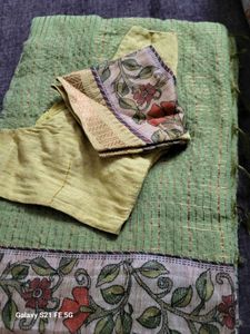 Green Saree with Floral Blouse