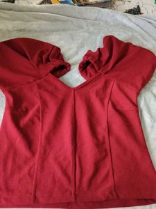Red V-Neck Puff Sleeve Top