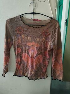 Vintage Brown Floral Mesh Top