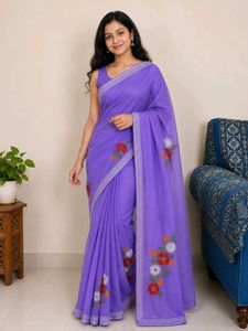 Lavender Chiffon Saree with Floral Embroidery