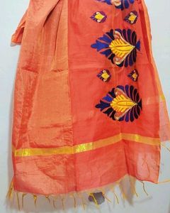Coral Color Dupatta Blue Embroidry Work