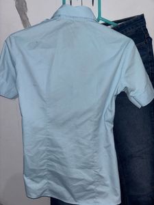 Light Blue Short Sleeve Button-Up Shirt And Dark B