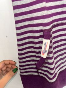 Purple &amp; grey striped hoodie tee (S)