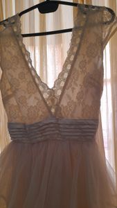 Ivory Lace bodice short dress with trail hem