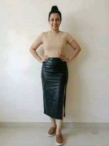 Zara Small Black Faux Leather Slit Long Skirt