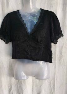 I. Black Lace Trimmed V-Neck Top