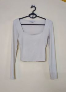 Cream Ribbed Square Neck Long Sleeve Top