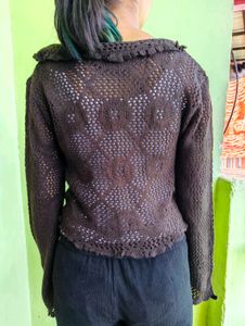 Chic Brown Crocheted Cardigan