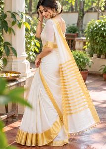 Elegant White Saree with Gold Border