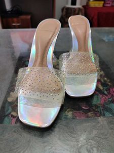 Transparent Chunky Silver Shining Sparkling Heels