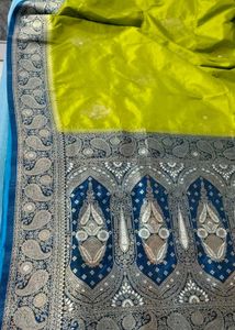 pure dola silk soft mehedi green with peacock Blue