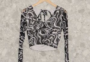 Abstract Print Long Sleeve Crop Top mesh