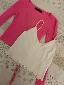Pink Wrap pilate Top with white lace cami