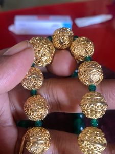 Green And Golden Beeds Beautiful Mala No Earrings