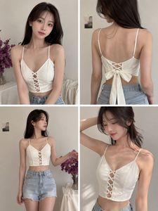 White Lace-Up Cami Top with Bow Back
