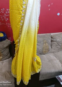 Pretty Yellow Cream Contrast Saree With Stone