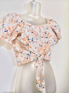 Floral Tie-Front Puff Sleeve Crop Top