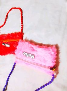 Red Pink Kid's Furr Soft Sling Bag Combo Set Of 2.