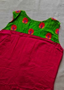 Beautiful Pink Kurta with Green Embellished Neckli