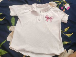 Cute White Polo Shirt with Pink Bow