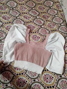 ❤️Chic Pink &amp; White Puff Sleeve Top❤️