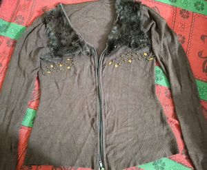Stylish Brown Zipper Sweater with Fur