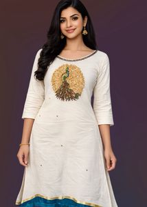 Elegant White Kurta with Peacock Embroidery