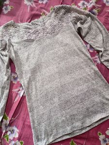 Gray Long Sleeve Lace Top
