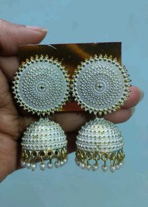 White &amp; Gold Jhumka Earrings