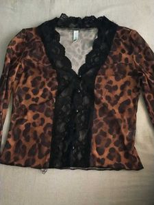 Leopard Print Sheer Lace Trim Top