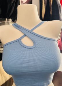 Blue Ribbed Halter Crop Top
