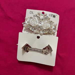 Elegant White Rose &amp; Pearl Hair Clips Set of 2