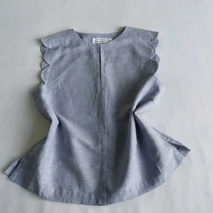 Light Blue Scalloped Sleeve LinenTop🍇