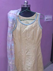 Yellow Striped Kurta Set with Embellished Neckline
