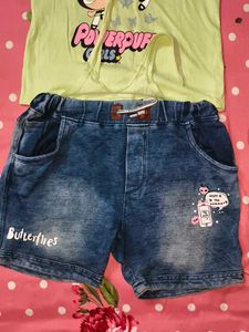 Cute Powerpuff Girls T-shirt &amp; Denim Shorts Set