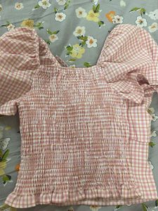 Pink Gingham Puff Sleeve Top