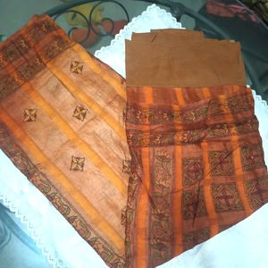 Orange Printed Saree With Blouse