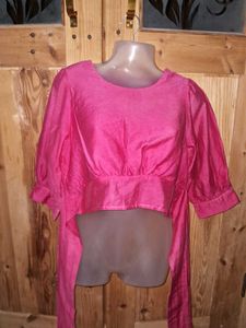korean Vibrant Pink Tie-Waist Cropped Top