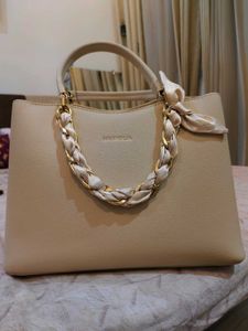 Elegant Beige Handbag with Scarf Accent