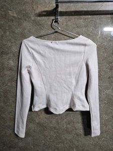 Cream White Textured Long Sleeve Top